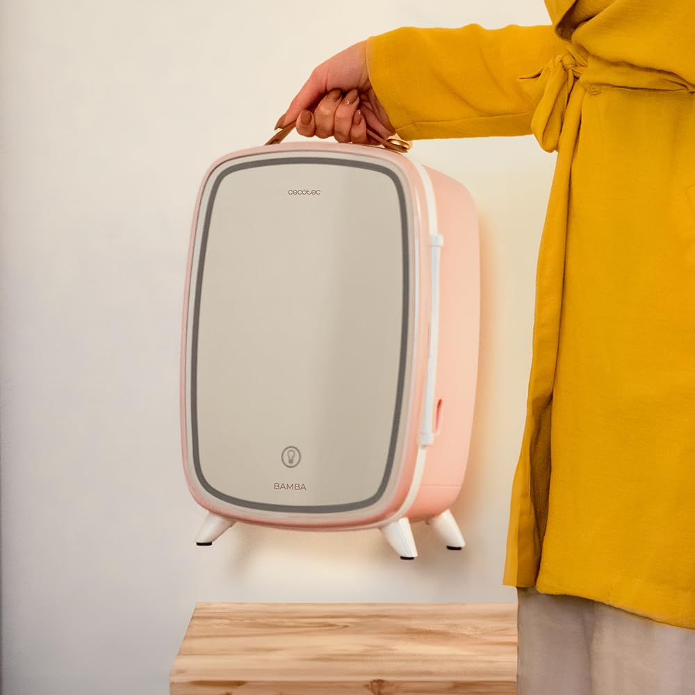 Cecotec Frigorifero Piccolo per Cosmetici 6L CoolingBeauty 6000 Mirror Rose. Mini Frigorifero con Porta con Specchio Esterno, Luce LED con 3 Intensità, Raffreddamento fino a 10ºC