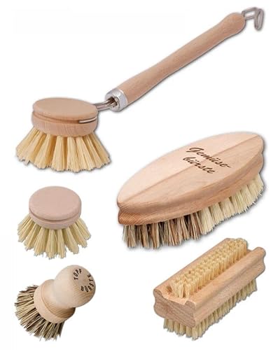 teemando® Holz-Bürsten Set, 5-teilig, Gemüsebürste, Topfbürste, Spülbürste, Ersatzkopf, Nagelbürste, Fibre & Union Naturborsten, robust, bei hartnäckigem Schmutz