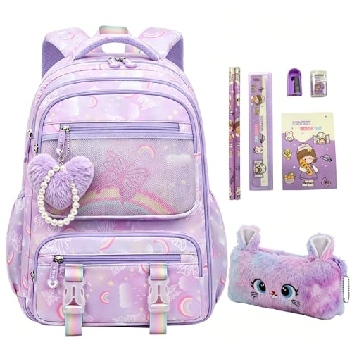 Image of Kids Backpack for Girls.Girls Backpack,School Bag for Kids.GirlsTeens Middle Student,Kawaii Children's Book Bag Rainbow Butterfly Purple
