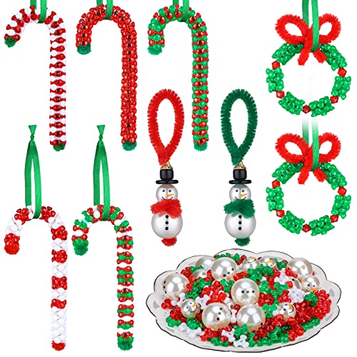 1725 Pcs Christmas Kit Beaded Christmas Ornament Kit Include 75 Beaded Snowman 50 Chenille Stem Wreath Candy Cane Bead 1600 Christmas Triangle Beads DIY Christmas Craft for Kids Xmas Tree Decor