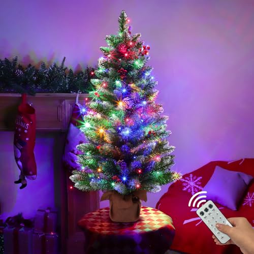 Amenon Remote Control - 3 Ft Artificial Mini Christmas Tree, Tabletop Christmas Tree With 50 Warm White & Colorful Lights Timer Battery Operated 110 Branches 12 Pinecones 84 Red Berry Burlap Base Xmas Decor thumb #4