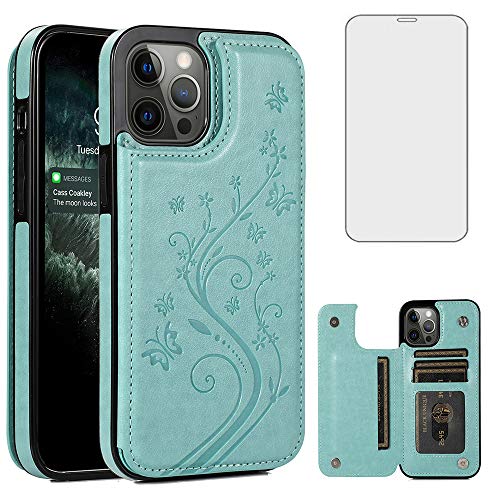 Coque portefeuille pour iPhone 12 Pro Max avec porte-carte et verre trempé vert