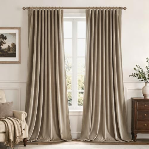 Image of MIULEE Light Taupe Velvet Pinch Pleat Blackout Curtains W52 X L90 Inches
