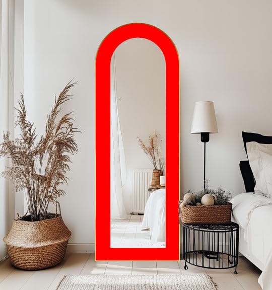 Specchio da terra astratto a lunghezza intera, 68,3 x 168,2 cm, rosso, specchio da pavimento colorato con cornice nera
