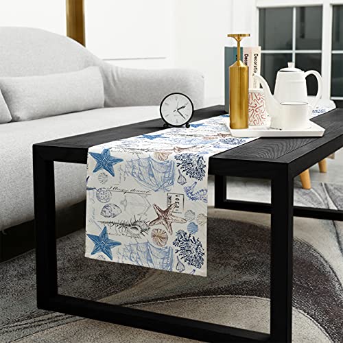 Beach Coastal Nautical Table Runner 36 Inches Small Cotton Linen Tablerunner Dresser Scarves,Undersea Shell Starfish Coral Hippocampus Boat Burlap Runner Nautical Decor for Dinner/Coffee/Party/Wedding - Image 6