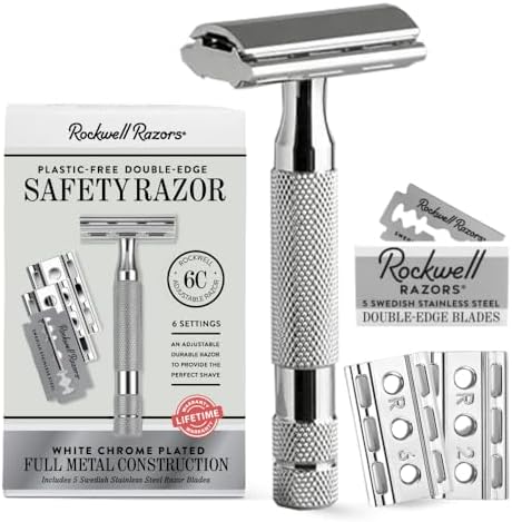 ROCKWELL RAZORS 6C White Chrome Safety Razor for Sensitive Skin. Reduces Razor Burn and Irritation. Comes with 6 Adjustable Shave Settings and 5 Recyclable Blades. Reusable Razor for Men and Women