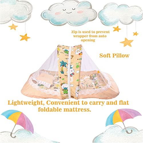 Image of Babloo Baby Bedding Set - Newborn Baby Bed with Mosquito Net, Mattress, Folding Travel Bed - Cotton, Orange (0-6 Months) - Boys & Girls Gift