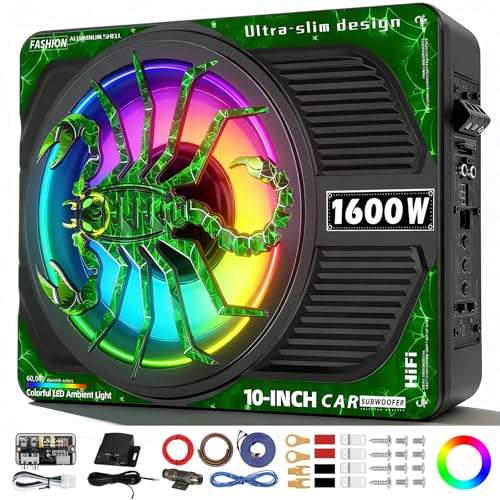 Image of 1600W Slim Underseat Car Subwoofer and Amp Package, Powered Under Seat Subwoofer with Built-in Class D Amplifier, Subsonic Deep Bass, DSP Noise Reduction, RGB Beat Light, for Truck SUV Car