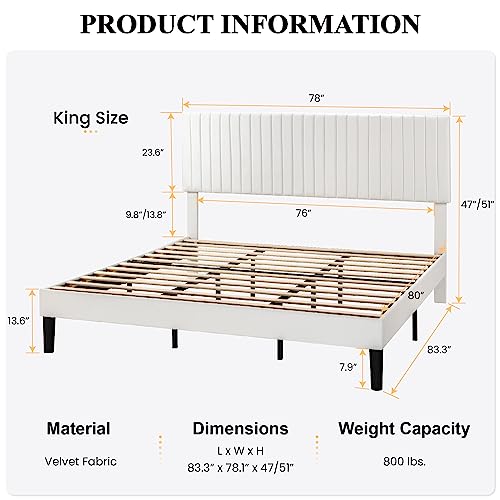 Image of SHA CERLIN King Upholstered Platform Bed Frame with Vertical Channel Tufted Velvet Fabric Adjustable Headboard, Wooden Slats Support, Mattress Foundation, Box Spring Optional, White