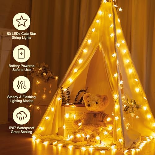 🏡🎄Minetom Star String Lights – 17 ft Battery Operated Fairy Lights with 50 LED Stars | Timer Function & Waterproof Design for Bedroom, Tent, Patio, Wedding & Holiday Decor (Warm White) - Image 4