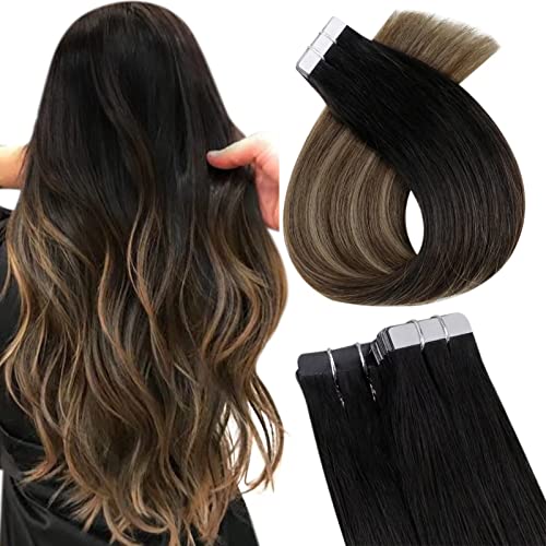 Easyouth Real Hair Tape in Extensions 18Inch Color Off Black Fading to Chocolate Brown Highlights Honey Blonde Balayage Hair Tape ins 20Pcs Adhesive Hair Extensions Tape in