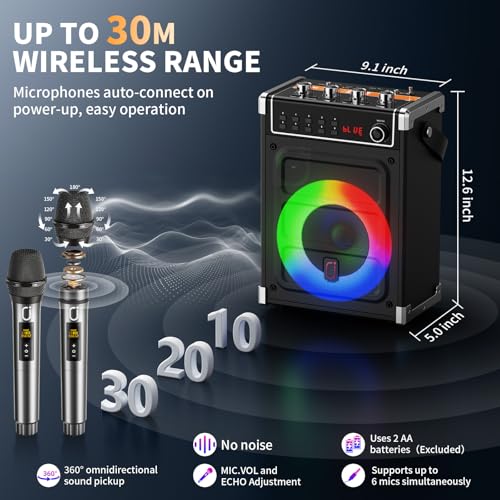 Image of JYX Karaoke Machine with 2 Wireless Microphones, Portable Bass /Treble Bluetooth Speaker with LED Light, Support TWS, AUX in, FM, REC PA System with Remote Control, Supply for Party /Adults /Kids
