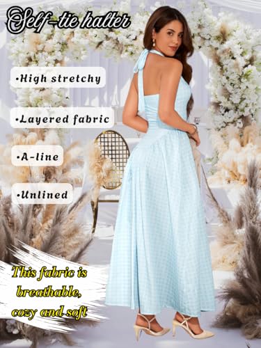 Image of ChiaoLezhee Deep V Neck Dress, Halter Maxi Dresses, Vacation Date Night, Sexy for Women Corset Flowy Wedding Guest Drop Waist