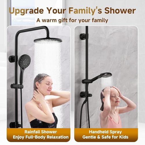 Image of BRIGHT SHOWERS Rain Shower System Combo - 9 Inch Rainfall & Handheld Shower Heads with Power Wash, Solid Brass Rail, Height Adjustable Holder, 60 Inch Long Stainless Steel Hose, Matte Black