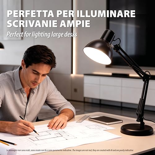 Velamp Charleston Xl - Lampada Da Scrivania Con Braccio Articolato - Attacco Lampadina E27 – Compatibile Con Lampadina Led - Base E Pinza Clip - Design Architetto – Colore Nero - 9