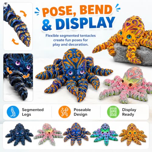 HIAPRIL 5 pcs-3D Printed Articulated Octopus, Mini Heart Octopus Figurines with Flexible Tentacles, Colorful Poseable Desk Decor, Fidget Toys & Collectible Desktop Decorations for Teens and Adults - Image 3