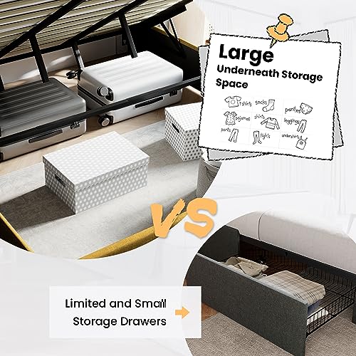 SHA CERLIN Full Size Lift Up Storage Bed/Modern Wingback Headboard/Upholstered Platform Bed Frame/Hydraulic Storage/No Box Spring Needed/Wood Slats Support/Olive Yellow