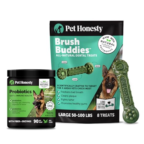 Pet Honesty Dog Wellness Virtual Bundle – Probiotics Supplement (Duck, 90 Ct) + Brush Buddies Dental Sticks for Large Dogs (8 Ct) – Digestive & Dental Support