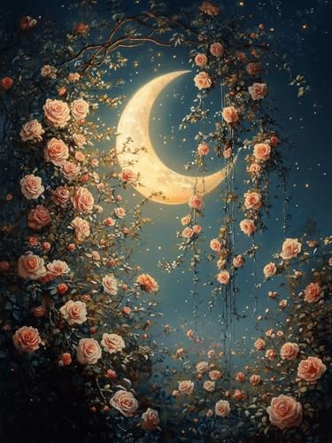 Luna Pintar por Números 70x100 cm con Marco, Pintar por Numeros Adultos Rosa Kit Pintura Niños, DIY Paint by Numbers Cuadros para Pintura Colorear por Números Lienzos, Decoración para el Hogar Q-2809