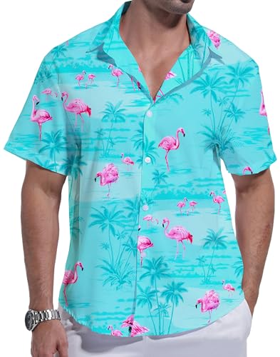 Hawaiian Shirt for Men Short Sleeve Tropical Floral Beach Shirts Casual Vacation Button Down Shirt for Summer Flamingo Light Green L