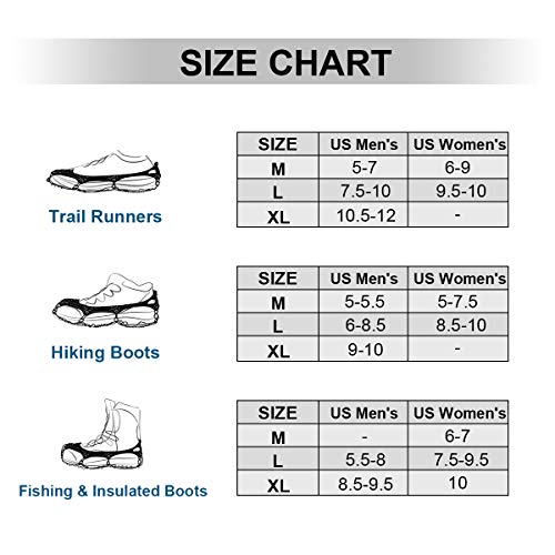 Crampons Ice Cleats Traction Snow Grips for Boots Shoes Women Men Kids Anti Slip 19 Stainless Steel Spikes Safe Protect for Hiking Fishing Walking Climbing Mountaineering M Size