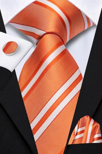 Image of Dubulle Mens Tie and Lapel Pin Paisley White Orange Striped Floral Necktie for Men Pocket Square Cufflinks Wedding Party