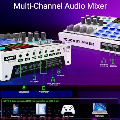 Image of Xclamor SN800 Gaming Sound Card & Audio Mixer - 48V Audio Interface with Bluetooth,16-Level Noise Reduction, Voice Changer, 12 Sound Effects, OTG, 4000mAh Battery for Live Streaming, Recording