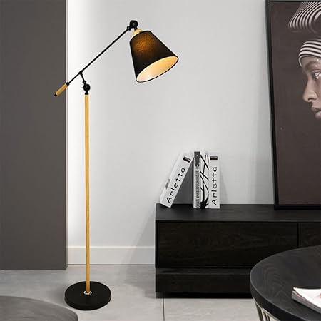 PETRLOY Adjustable Head Floor Lamp Modern Minimalist Standing Light Fabric Shade Vertical Lamp Wooden Pole Table Lamp for Living Room Bedroom Beside Lights Sofa Side with Coffee Table Standing Lamp photo 3