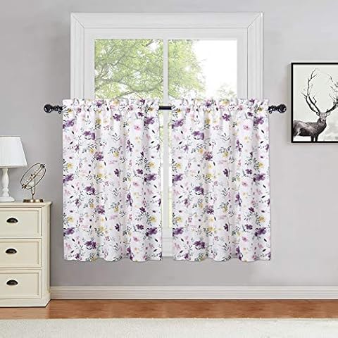 Haperlare Tier Curtains for Kitchen Windows Watercolor Flower Pattern Bathroom Window Curtain Chic Country Floral Leaf Cafe Curtains Half Window Treatment Set, 27" W x 36" L, Multicolor, Set of 2 Cover