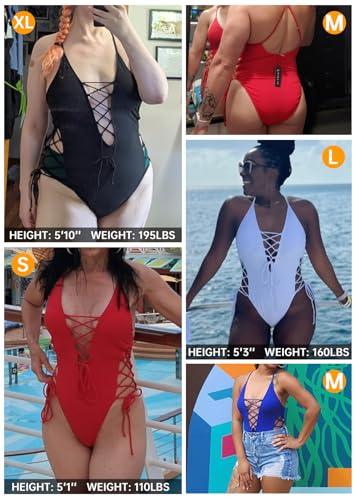 Image of Tempt Me Women Sexy Lace Up One Piece Swimsuit Deep Plunge V Neck High Cut Bathing Suits
