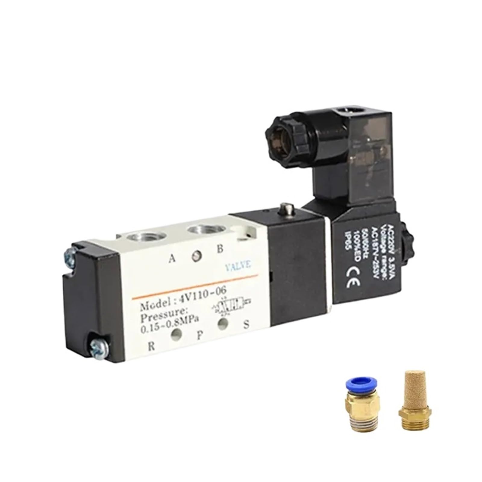 Pneumatisches Magnetventil DC 12 V 24 V 4V110-06 Schalldämpfer 4 mm 6 mm 8 mm 10 mm 12 mm Schnellinstallation AC 110 V 220 V 4 V 110 06 (10 mm Armaturen, AC 110 V)