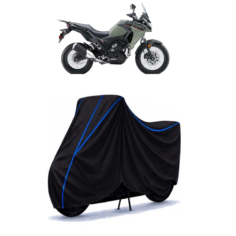 Image of Versys X 300 Bike Cover Water Resistant Universal Motorcycle Rain | Heavy Duty UV Protection, Dust, Scratch Indoor Outdoor All Weather with Black Blue Piping Elastic
