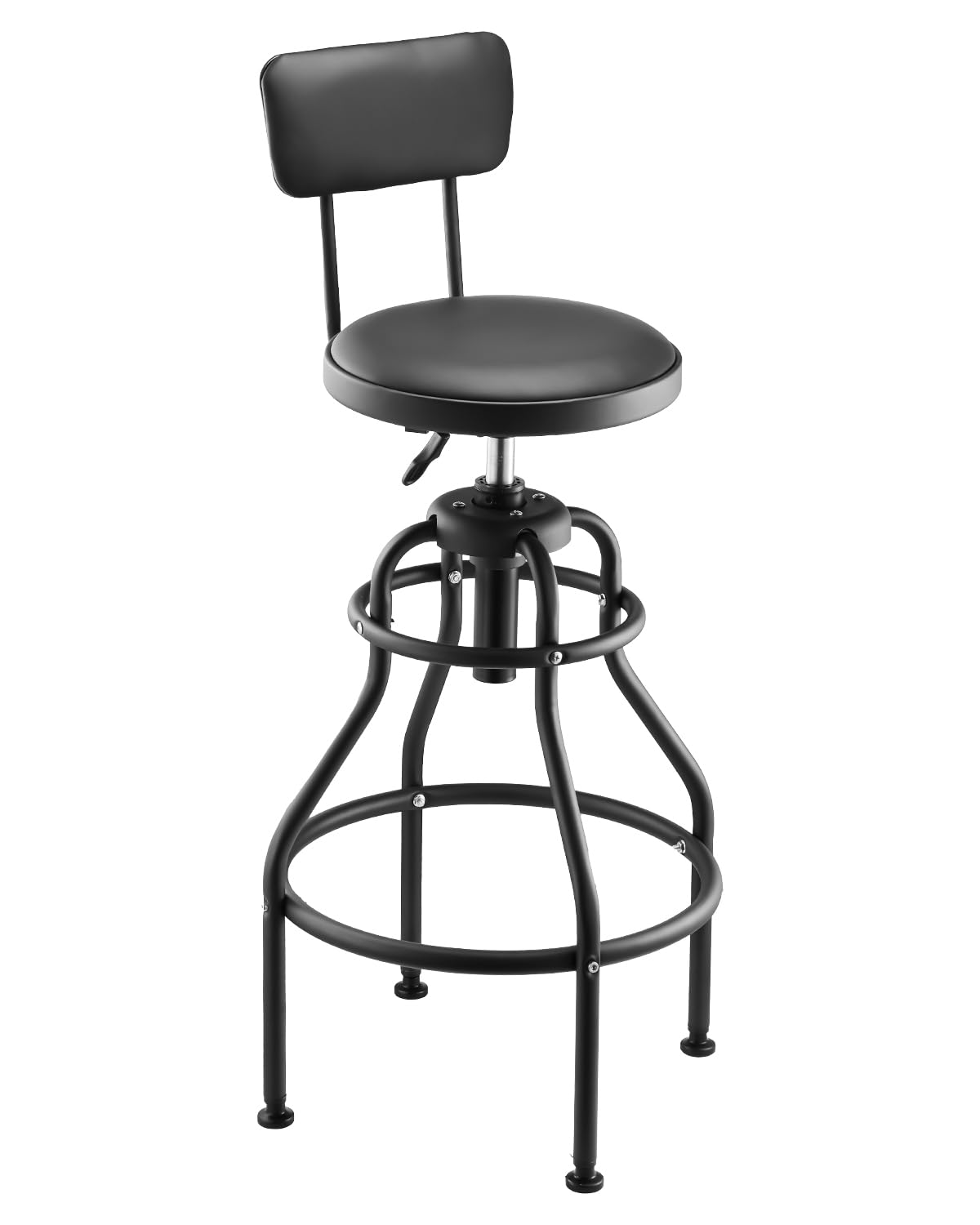 VEVOR Taburete de Taller con Respaldo Asiento de Garaje Carga de 136 kg Taburete de Trabajo Altura Ajustable 103-114 cm Giratorio de 360° para Garaje, Taller, Reparación de Automóviles, Negro