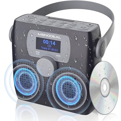 CD Player Portable,MONODEAL Bluetooth Boombox CD Player with Speakers,Portable FM Radio for Camping& Travel(Favourite Memory,LED,Waterproof,Clock,Alarm Timer,USB,Headphone Jack,6W) Dark Gray