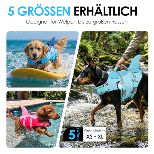 AOFITEE Schwimmweste Hund Groß, Ripstop Große Hundeschwimmweste Hai, Verstellbar & Ripstop Schwimmweste für Hunde mit Rettungsgriff, Rettungsweste Hunde Labrador Hundeweste Schwimmen, Grün, L