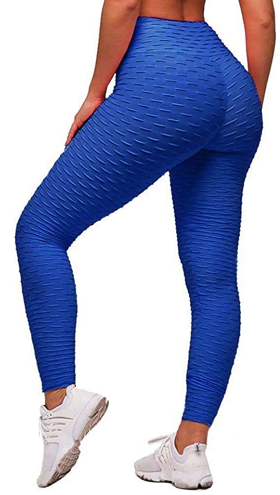 STAR FASHION Women Honeycomb Waffle Leggings Anti Cellulite High Waist Yoga Pants Tummy Control Gym Butt Lifting Textured Scrunch Butt Tights | RoyalBlue | Small