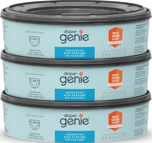 Image of The Diaper Genie Unscented Round Refill 3-pack, with continuous film can hold up to 810 newborn-sized diapers per refill.