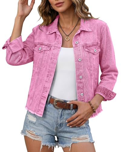 Image of luvamia Denim Jacket for Women Distressed Jean Jackets Button Up Vintage Western Trucker Jacket Frayed Hem Pockets