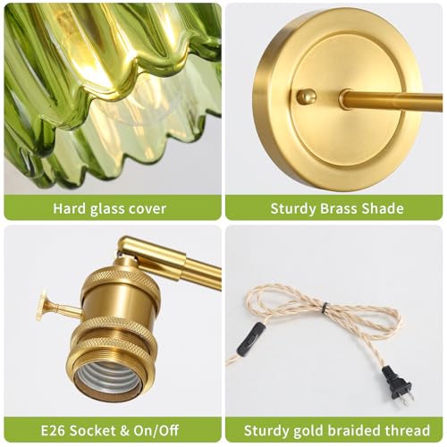 Image of Plug in Vintage Wall Sconces Set of 2 Green Living Room Wall Lights with Tulip Glass Shade 180 Adjustable with Switch and 4.9FT Plug in Cord Art Fixtures Decor for Bathroom Hallway