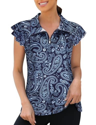 Viracy Athletic Shirts Women, Summer Golf Polo Shirt Short Sleeve 1/4 Zip Up Workout Tops Quick Dry Lightweight Moisture Wicking Outdoor Clothing,Navy Blue-XXL
