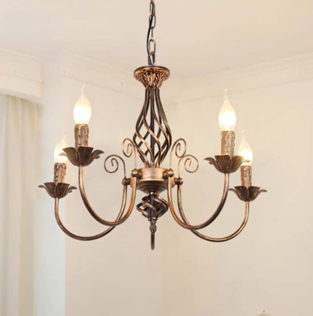 Vintage Landhaus Vierflammige Eisen Kronleuchter Antik Bronze Verzierte Spiralarme Kerzenform E14 Fassung Wohnzimmer Esszimmer Pendellampe Ø57cm