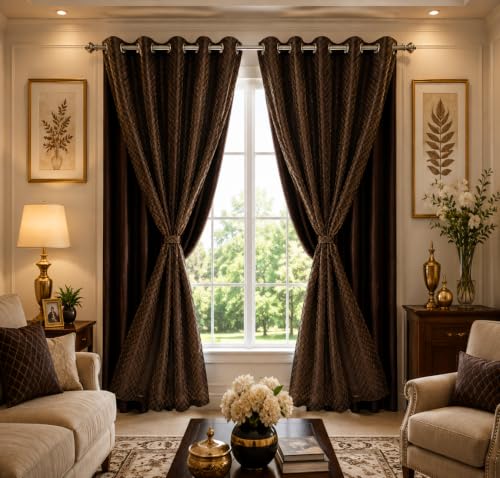 Image of Double Curtains 2 in 1 Embroidery Transparent Curtain with 80% Blackout Curtain Best for Every Interior Living Room Grommet (D Coffee 5 feet Set 2)