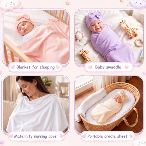 Image of Ramede 6 Set Baby Swaddle Blanket and Hat, 100% Cotton Newborn Receiving Blanket Wrap with Headband, 31.5 inch Soft, Breathable for Girl Boy Nursery Sleep Cradle Sheet Breastfeed Cover(Simple,Pink)