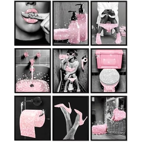 AKBOK 9PCS Exquisite Pink Bathroom Art Poster Elegant Collection for Modern Women, Stylish Décor for Girls' Bedrooms or Powder Rooms, 8x10 Inch Unframe, 20*25cm Cover