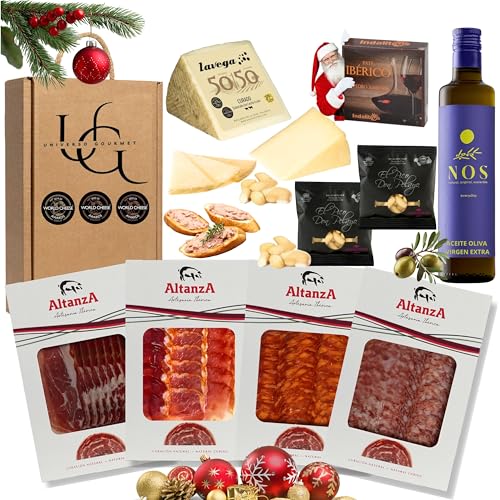 UNIVERSO GOURMET | Cesta Gourmet para Regalar de Ibéricos | Aceite Oliva Virgen Extra | Embutidos Ibéricos Bellota | Jamón Paleta Ibérica, Lomo Ibérico, Queso| | Pate Pedro Ximenez y Picos Artesanos