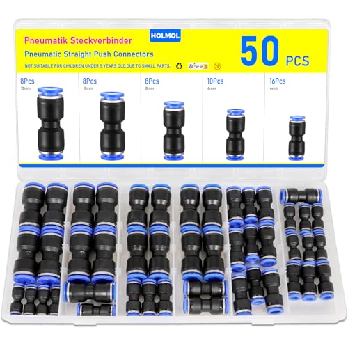 HOLMOL Pneumatic Straight Push Connectors 50PCS Pneumatic Quick Fittings 4/6/8/10/12mm Set for Air Water Hose Straight Coupling Adapter for Air Flow