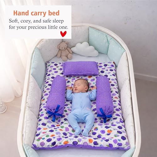 Image of Fareto Combo of Baby Bed with Net | Carry Bag | 4 Pcs Bedding Set (0-6 Months, Baby Size, Cotton) (Purpal)
