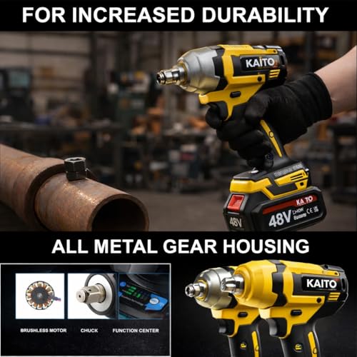 Image of KAITO Pro Series Brushless Motor 48V Cordless Impact Wrench | 1200NM Torque | 4800RPM Speed | Auto Stop Function | Forward & Reverse Rotation | 1 /2 Inch Hex Shank | Double Li-Ion Batteries