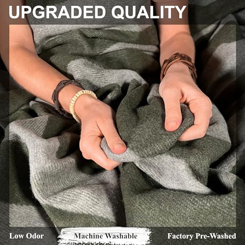 EKTOS 90% Wool Plaid Blankets, 90" x 66", Wool Camp Blanket, Warm Outdoor Blanket (Olive Green) - Thumbnail 2