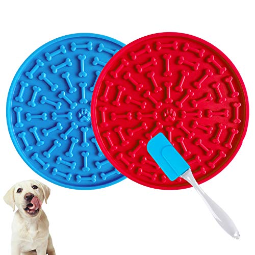 VEGCOO Dog Lick Mat, 2pcs lick Pad for Pets Dog Washing Distraction Device for Dog Training, Distracting, Bathing, Grooming Pet Slower Feeder Licking Pad with A Silicone Spatula